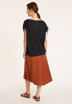 Flamed linen t-shirt with shoulders tightening - Marine
