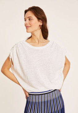 Flamed linen t-shirt with shoulders tightening - Marine