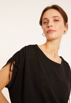 Flamed linen t-shirt with shoulders tightening - Marine