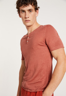 T-shirt col boutonné en lin - Leonce 6484 - 46 Marron clair