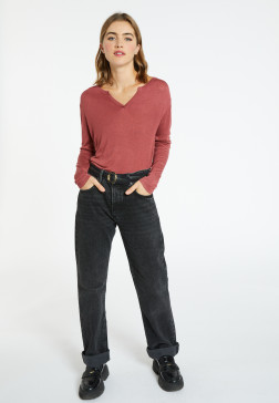 Bamboo cashmere t-shirt with tunisian collar - Alicia