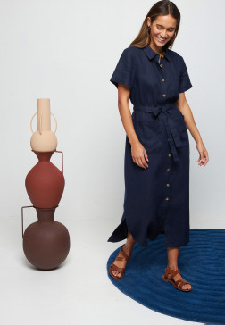 Short-sleeved linen shirt dress -Tori