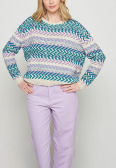 Pull multicolore coton et lin - Thadji 7735 ecru/turquoise/lavande/lagon - 04 Bleu clair