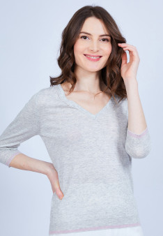 Pull grand V en cachemire et lin - Joanne 6554 Galet/Nymphe - 11 gris clair