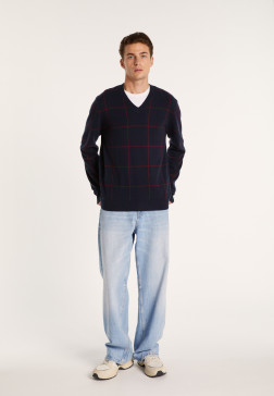Pull quadrillé col V en cachemire - Arthur 7534 marine/cerise - 05 Bleu marine