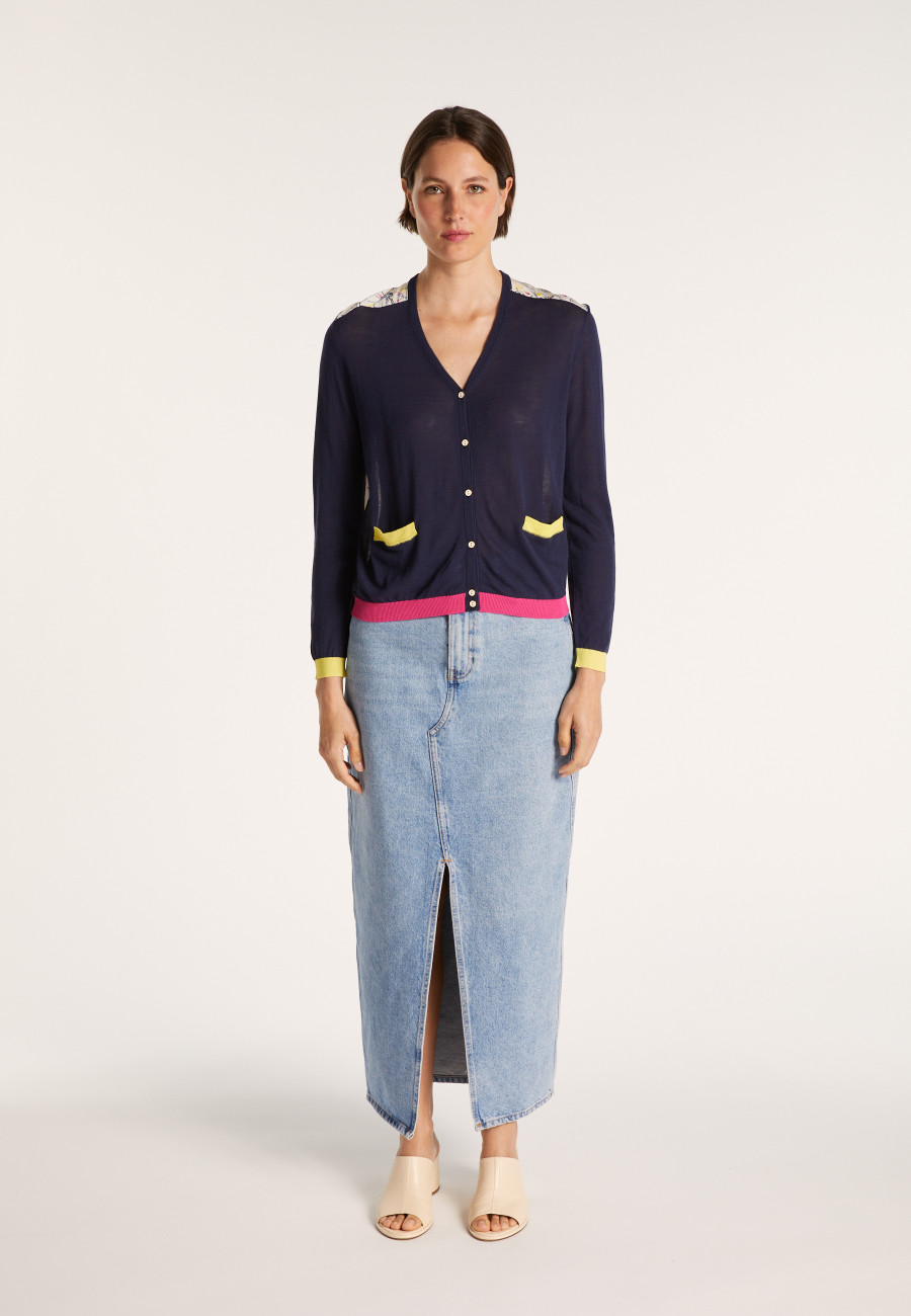 Gilet bi-matières soie et coton - Jeu 6581 navy mimosa fushia - 05 bleu marine Gilet bi-matières soie et coton - Jeu 6581 navy mimosa fushia - 05 bleu marine