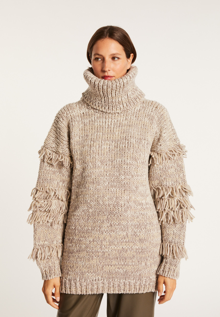Pull gros col roulé à franges - Sage 6630 camel - 11 Gris clair Pull gros col roulé à franges - Sage 6630 camel - 11 Gris clair
