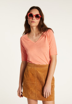 T-shirt col V en lin flammé - Bonbon