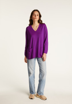Loose V-neck sweater with pockets in merino wool - Albertine
