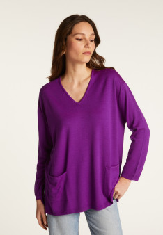 Loose V-neck sweater with pockets in merino wool - Albertine
