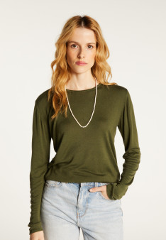 Buttoned t-shirt in cashmere bamboo round neck in fine knit - Aelia