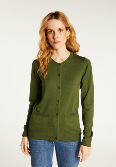 Cardigan boutonné col rond à poches en laine mérinos - Amalia